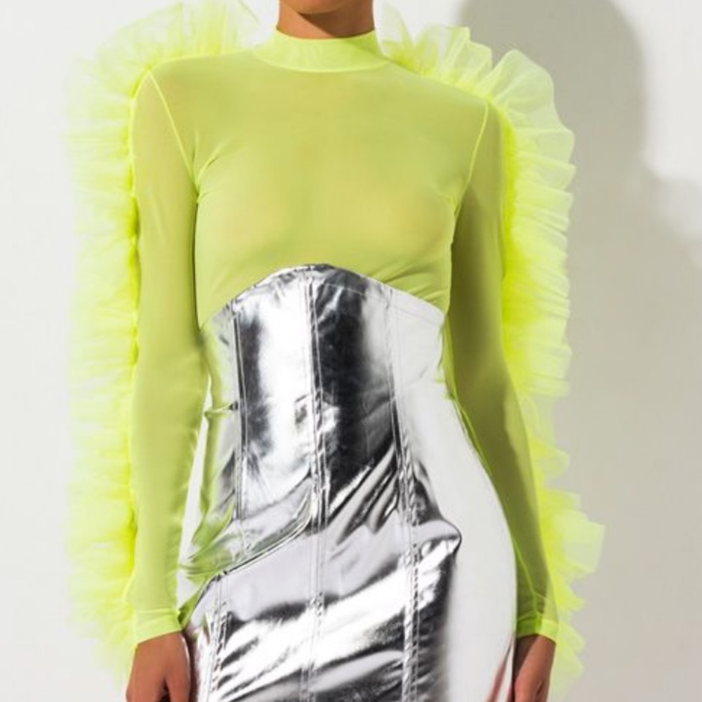 Dramatic neon yellow Ruffle Blouse Med